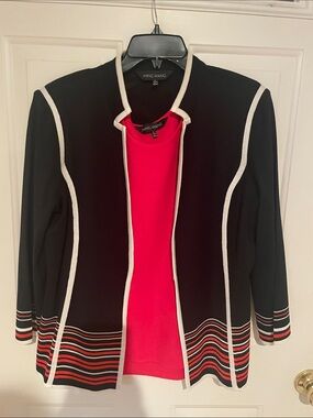 Two-Piece Ming Wang Cardigan Set. Black with White and Coral Trim